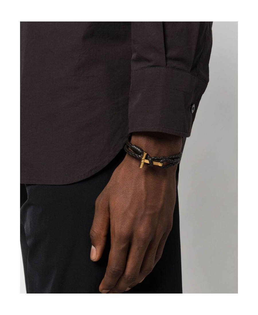 Tom Ford Leather T-plate Woven Bracelet With Braided Pattern In Black