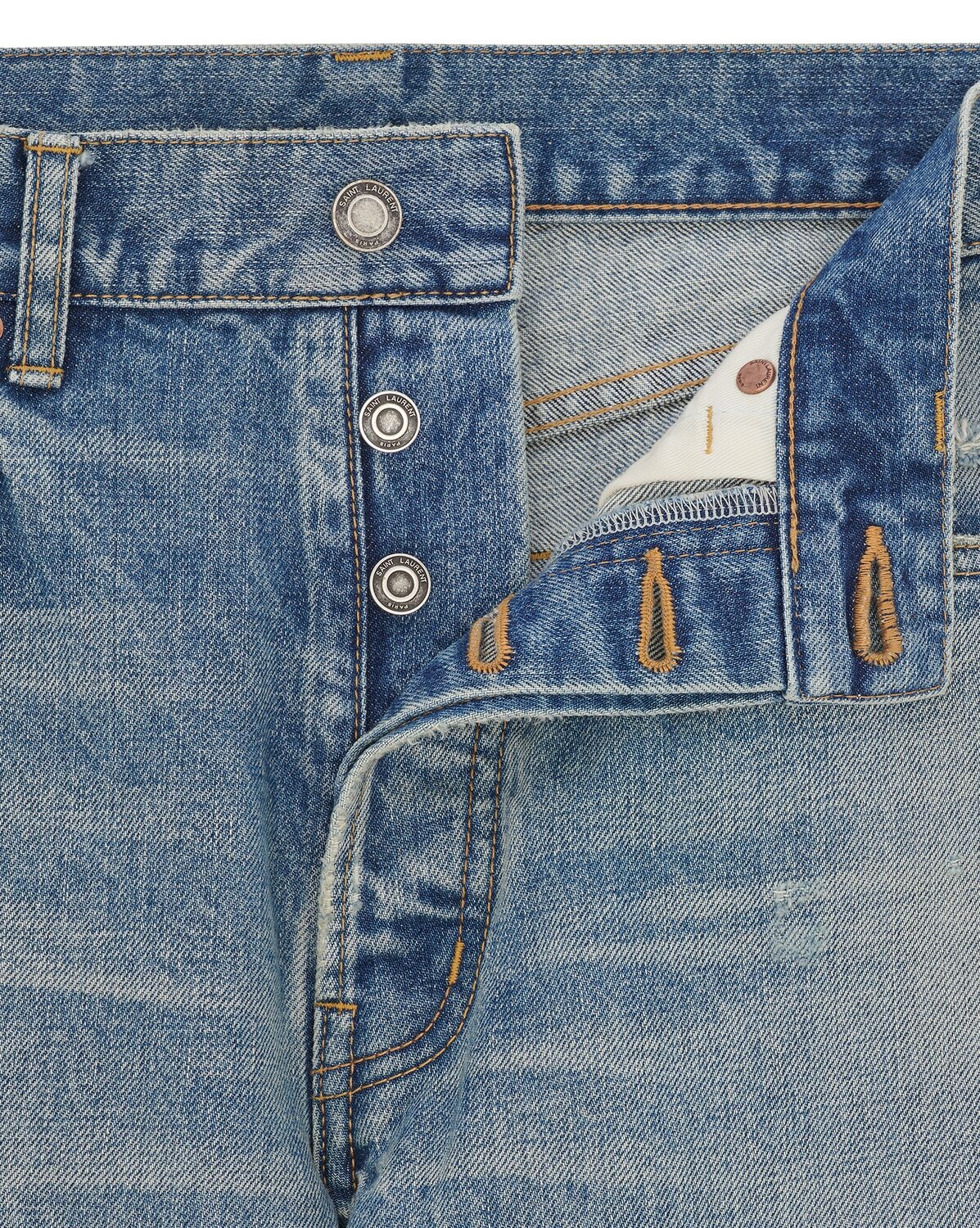 Saint Laurent Stonewashed Distressed Straight Jeans In Blue