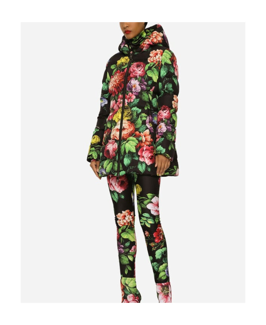 Dolce & Gabbana Floral-print Zip-up Padded Coat In Black