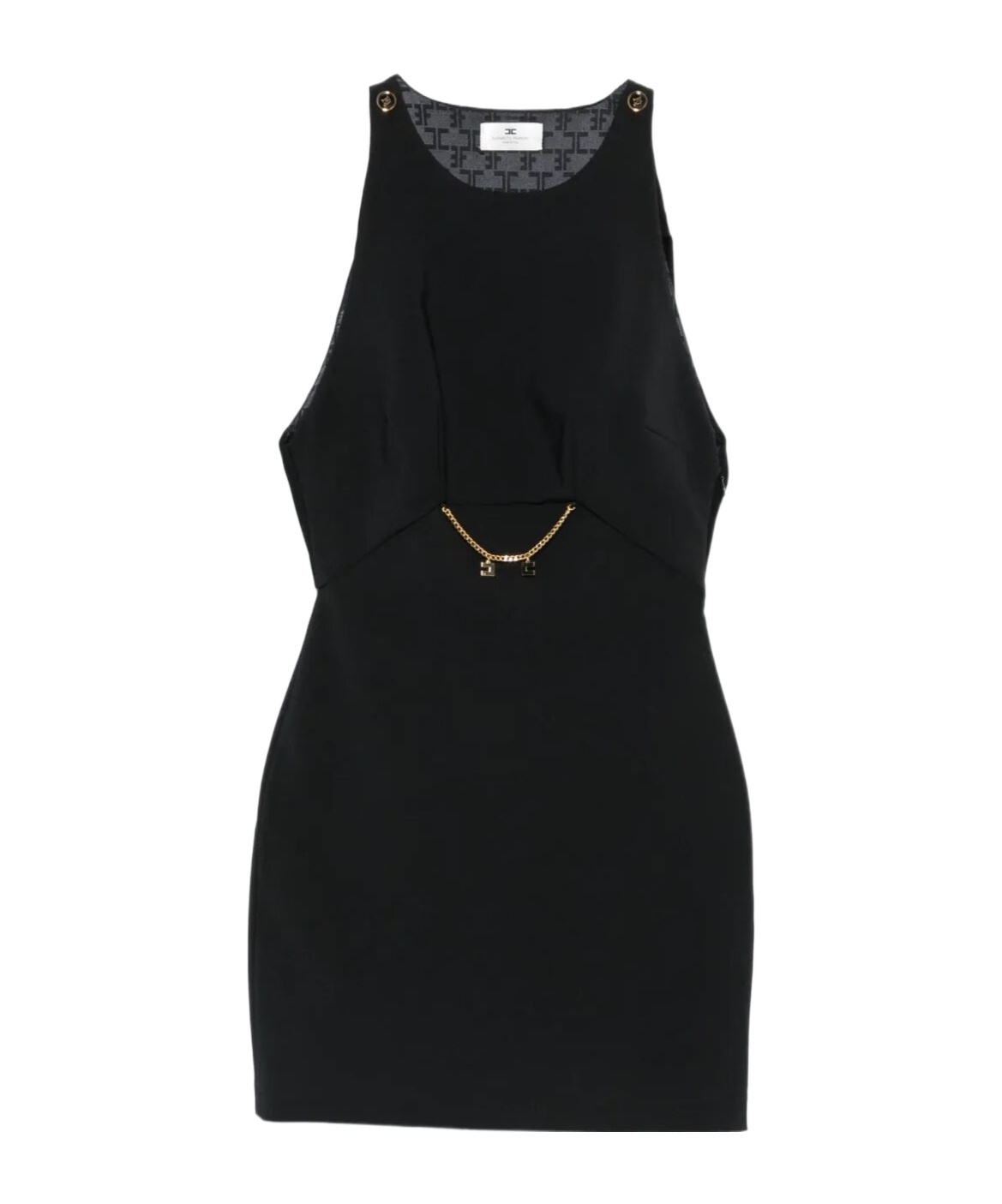 Elisabetta Franchi Sleeveless Round Neck Mini Fitted Chain Dress In Black
