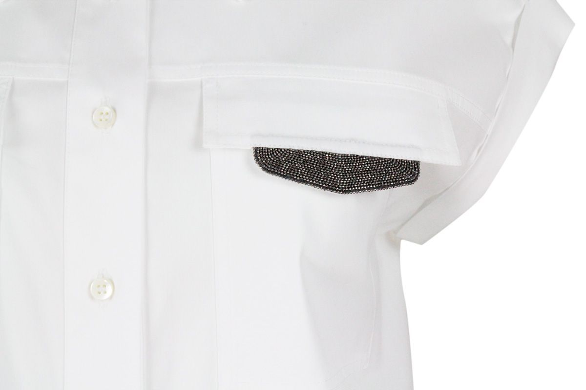 Brunello Cucinelli Sleeveless Shirt In Stretch Cotton With Front Pockets Embellished With Shiny Jewels In White