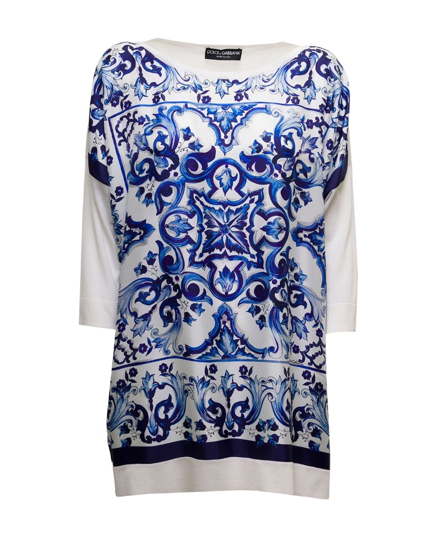 Dolce & Gabbana Silk Twill Crew-neck Pullover With Majolica Print In Blue