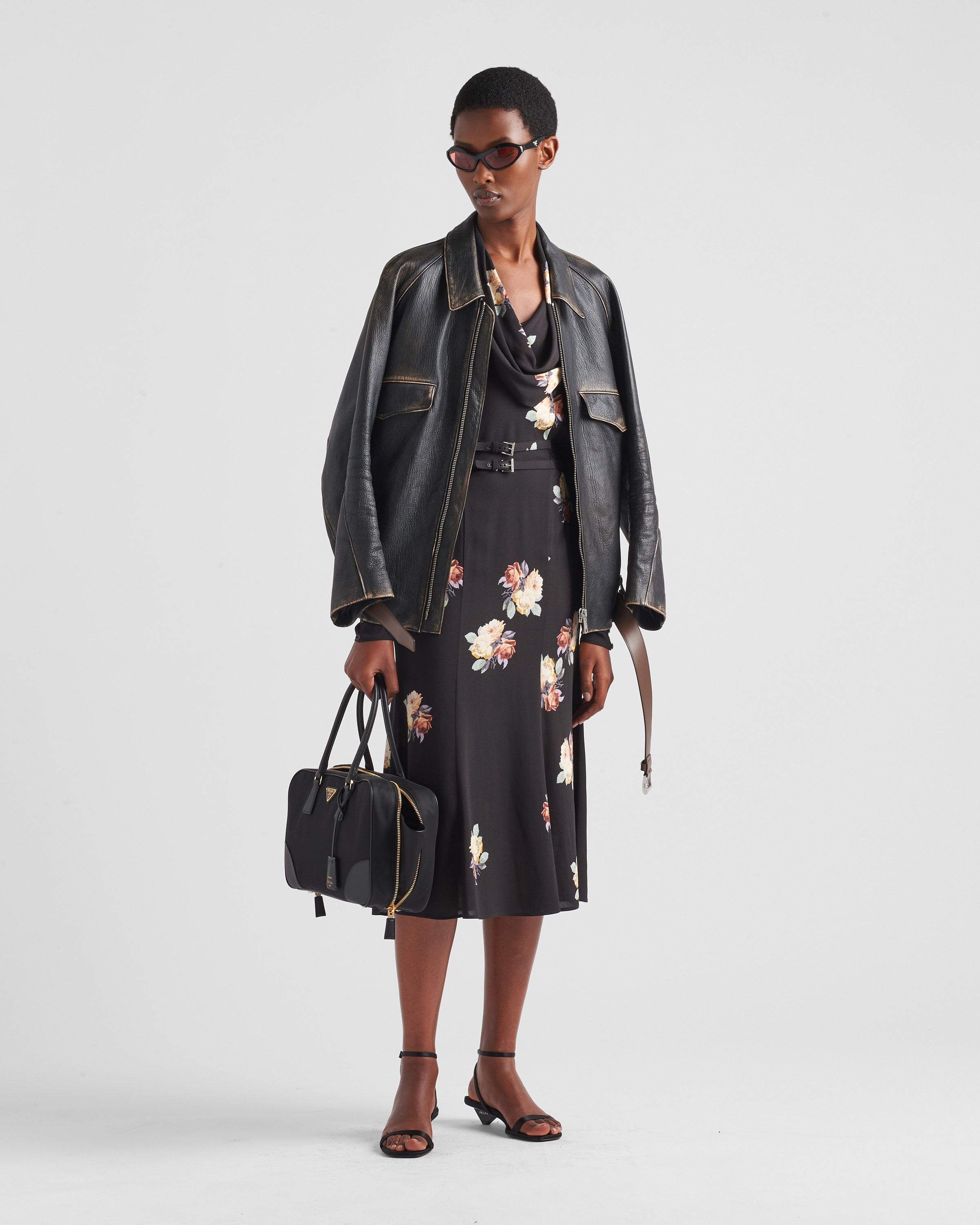 Prada Floral Cowl-neck Leather Belted Midi Dress In Black