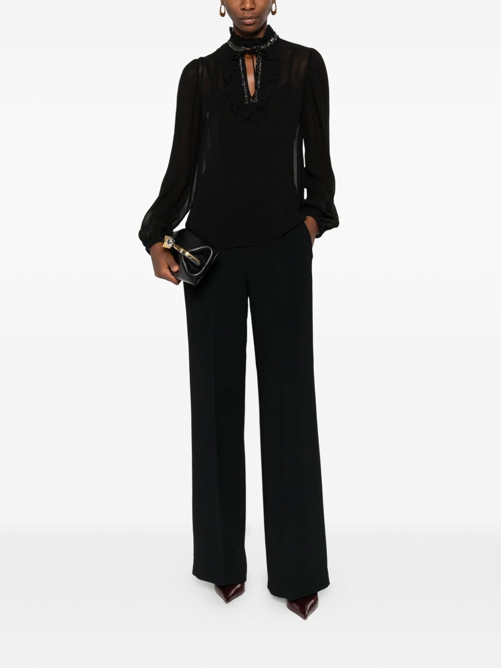 Twinset Ruffled Black Blouse With Bead Embellishments In Black