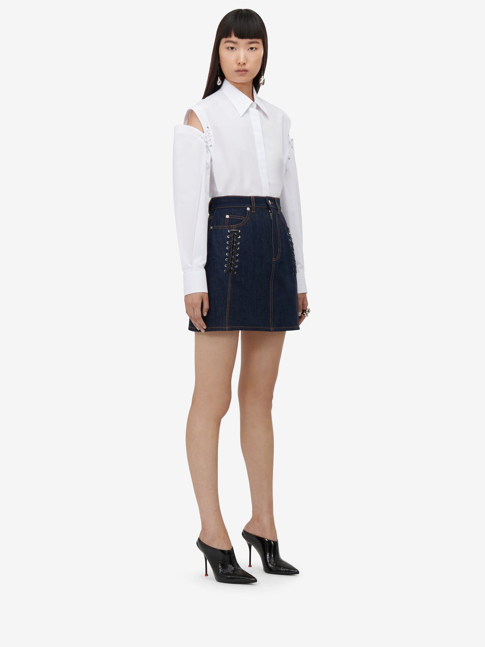 Alexander Mcqueen Lace-detail Denim Miniskirt In Blue
