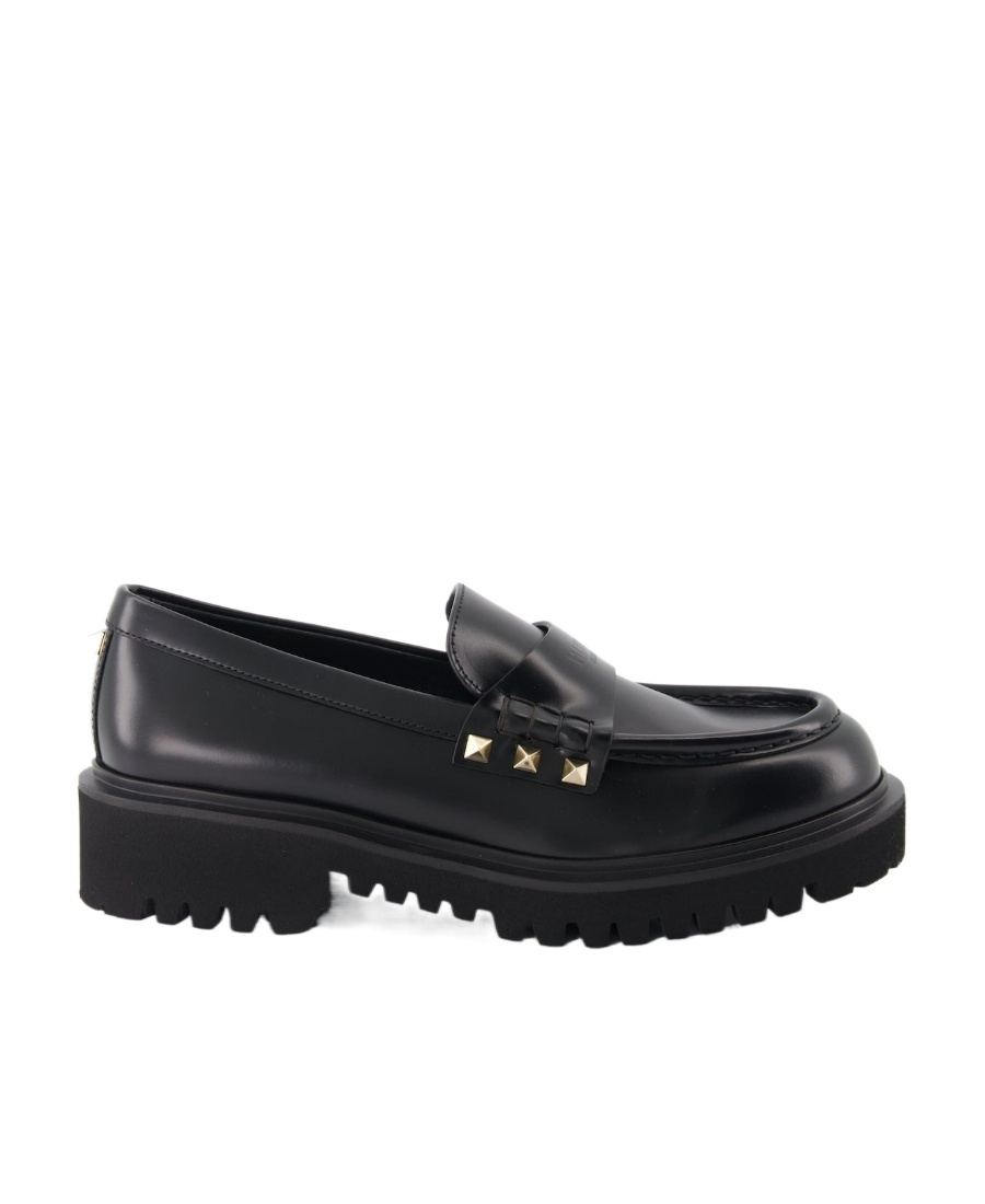Shop Valentino Rockstud Calfskin Loafer In Black