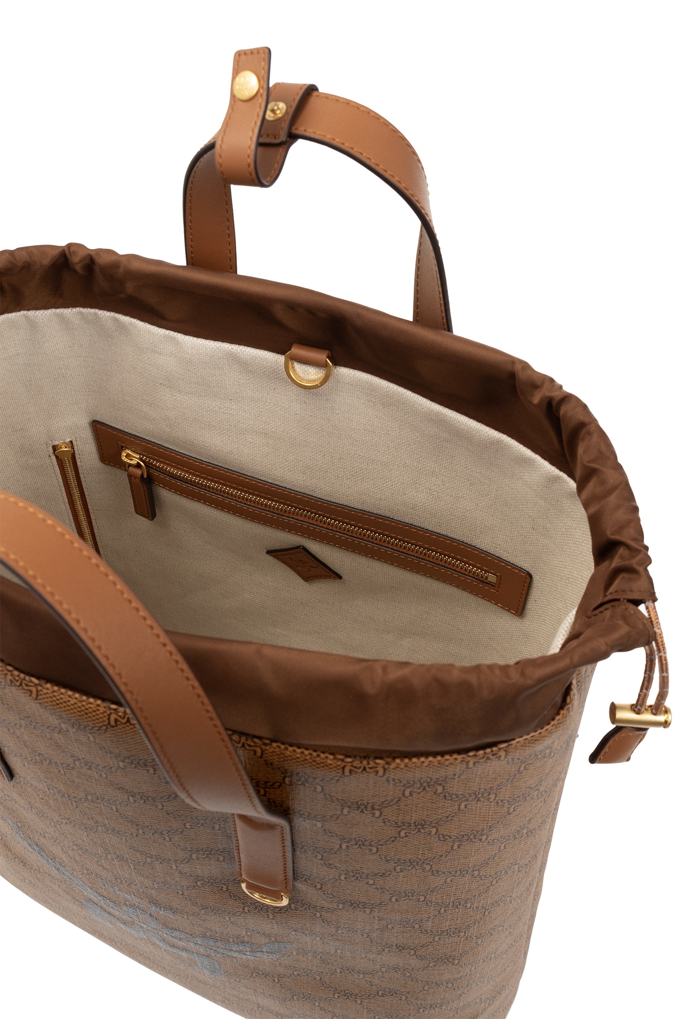 Mcm Himmel Lauretos Backpack With Drawstring Closure And Natural Nappa Leather Finishes In Brown