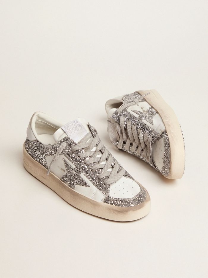 Shop Golden Goose Stardan Sneakers In White Leather And Silver Glitter In Nude