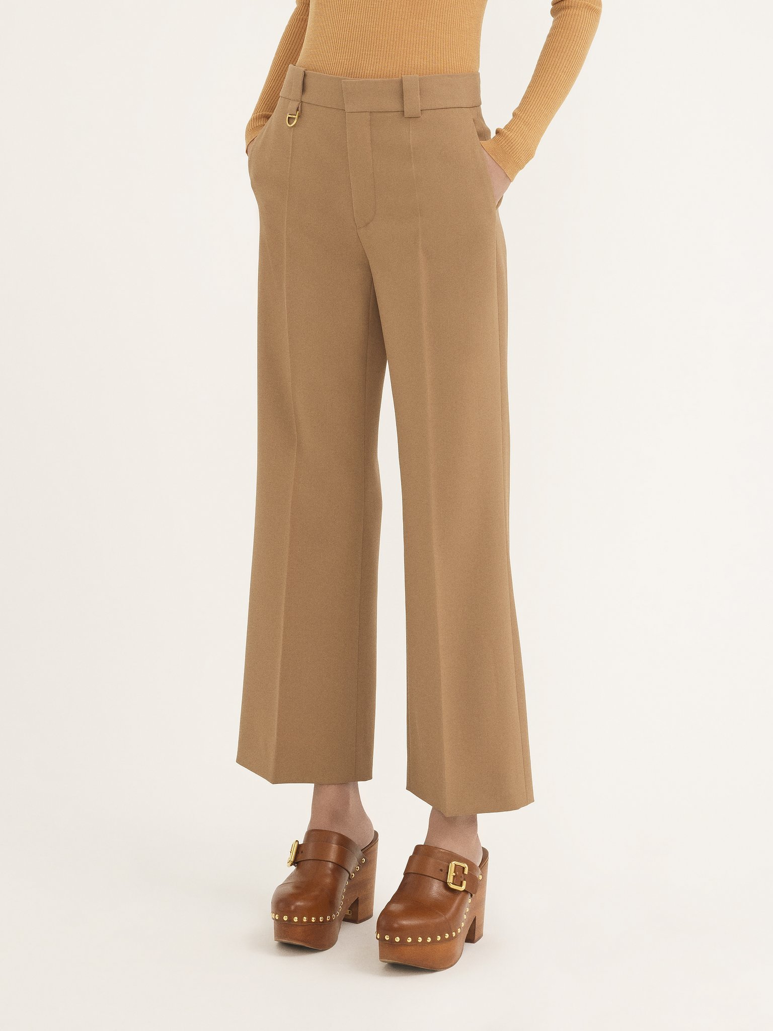 Chloé Low-rise Pintuck Bootcut Trousers In Virgin Wool Gabardine In Brown