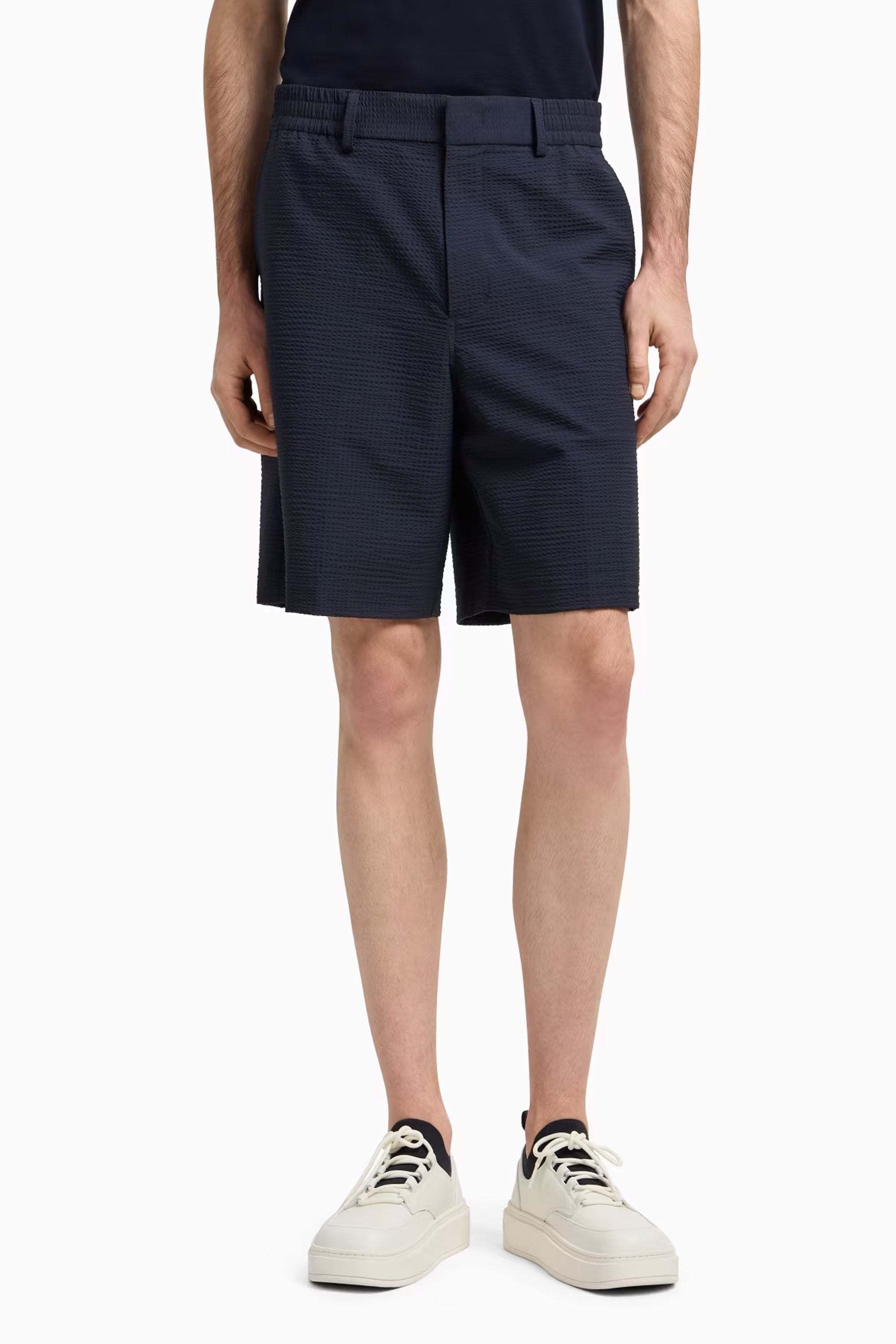 Emporio Armani Seersucker Elastic-waist Shorts In Blue
