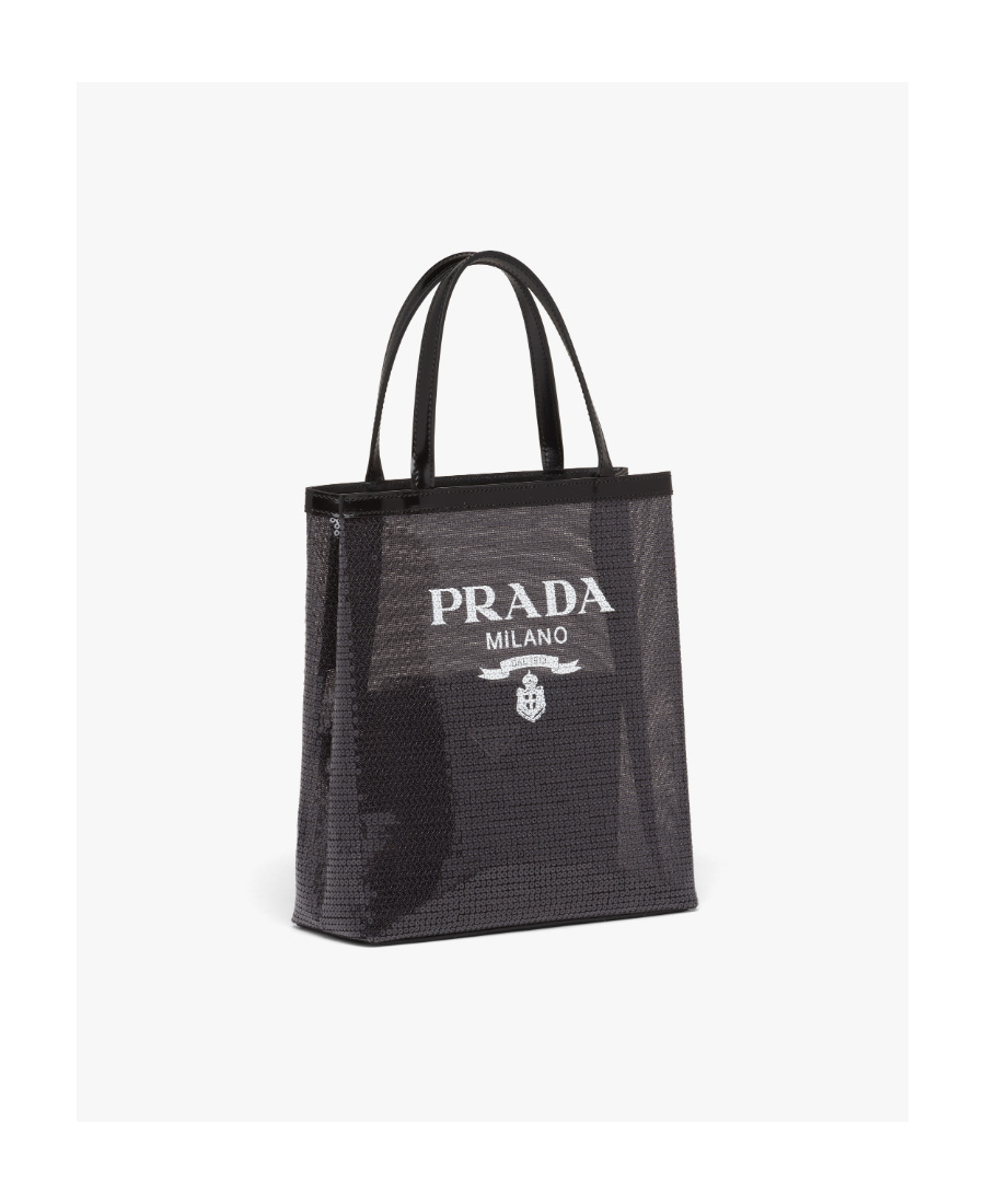 Prada Small Sequined Mesh Tote Bag In Black
