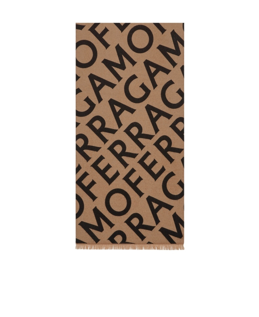 Ferragamo Wool Blend Reversible Embroidered Scarf With Fringed Edges In Brown