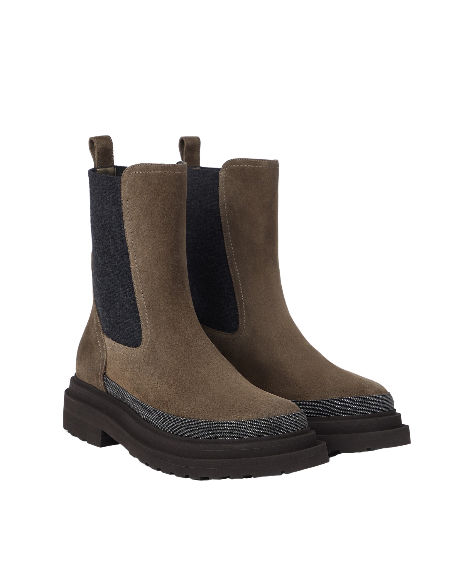 Brunello Cucinelli Chelsea Suede Ankle Boots With Precious Contour In Black
