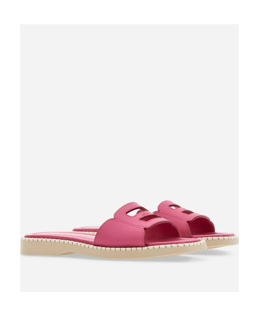 Shop Hogan H638 Flat Leather Sandals In Nude