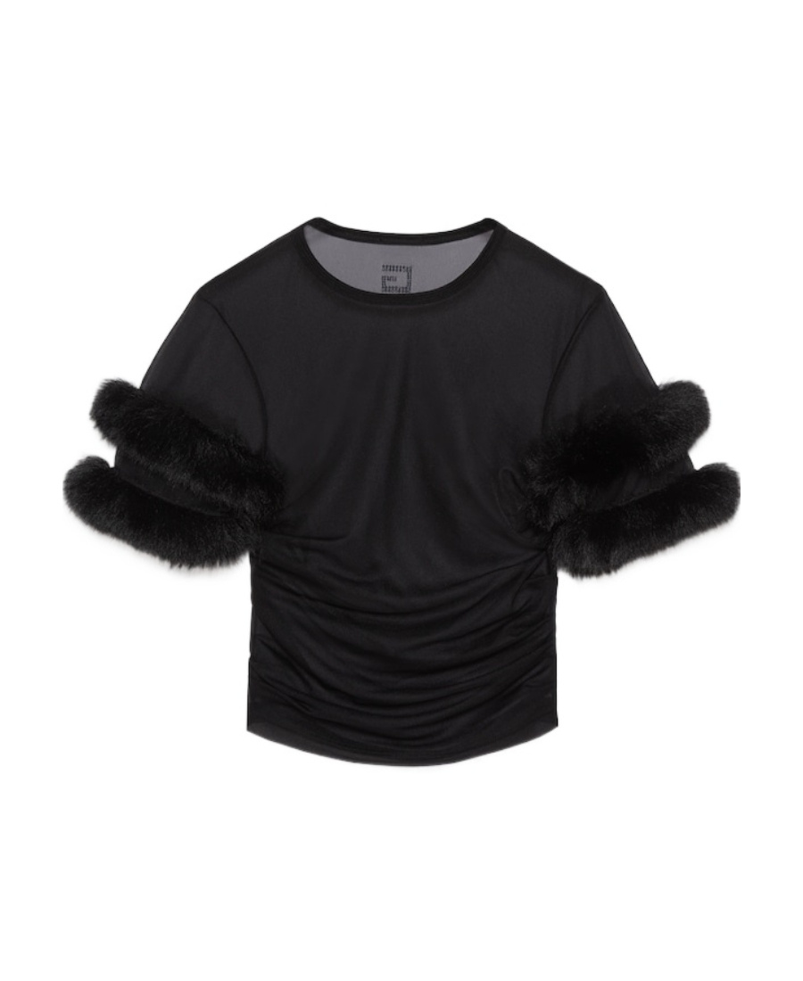 Gucci Sleeved Crewneck With Fur Trim And Ruched Detailing In Black