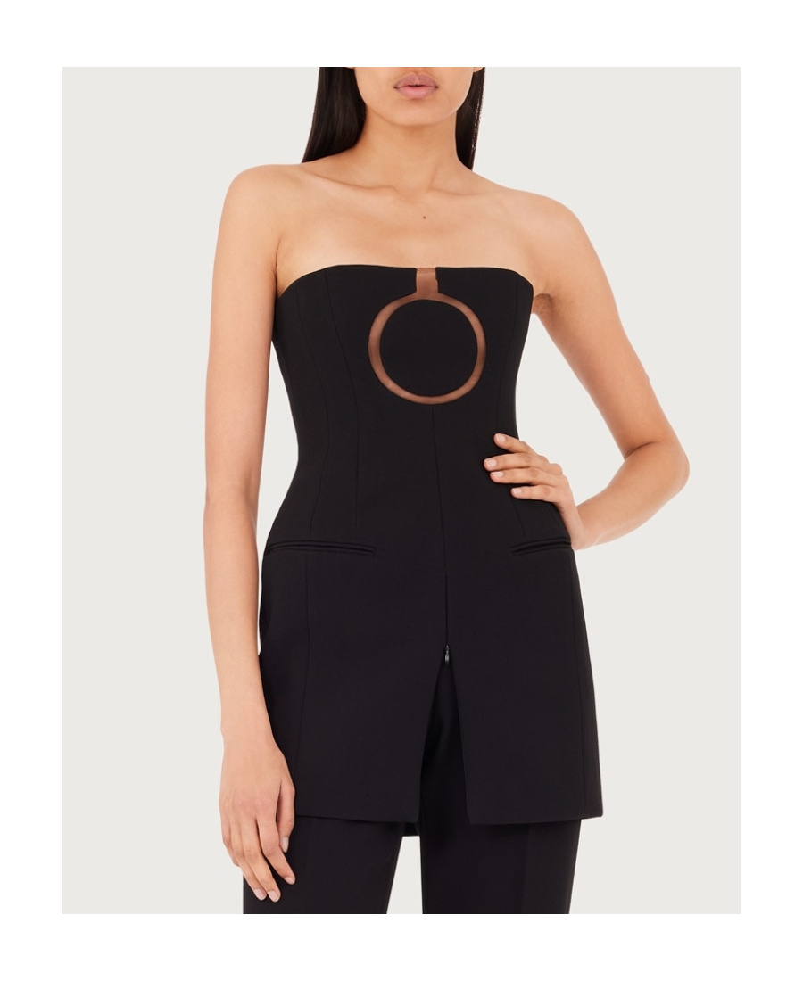 Ferragamo Pure Wool Mini Dress With Tulle Insert In Black