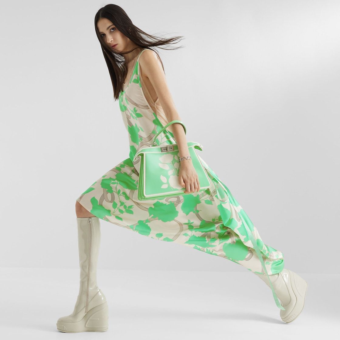 Fendi Multicolour Printed Satin Dress In White