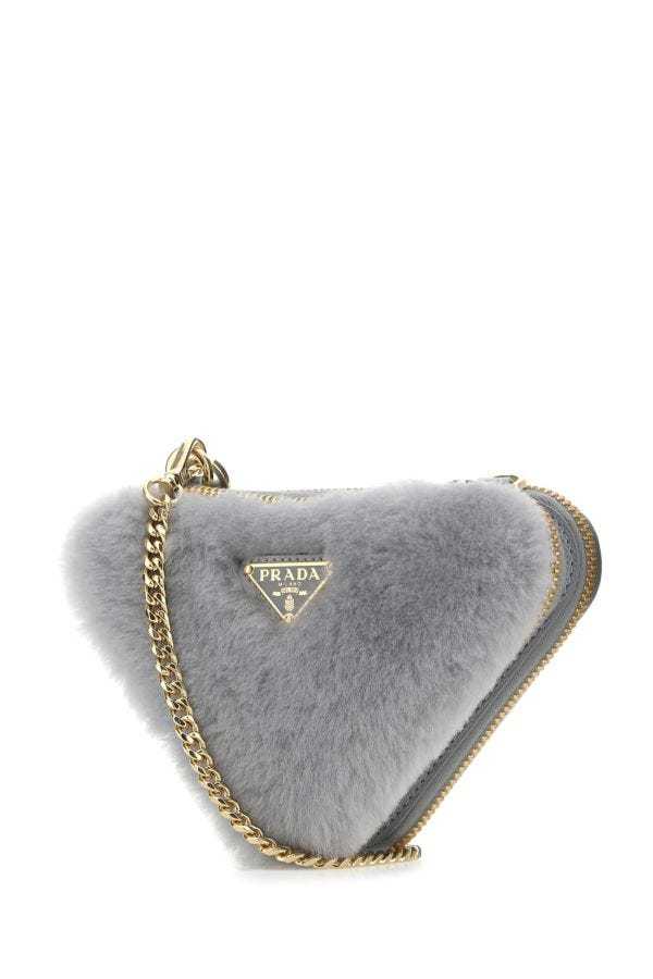 Prada Mini Shearling Crossbody Bag In Gray