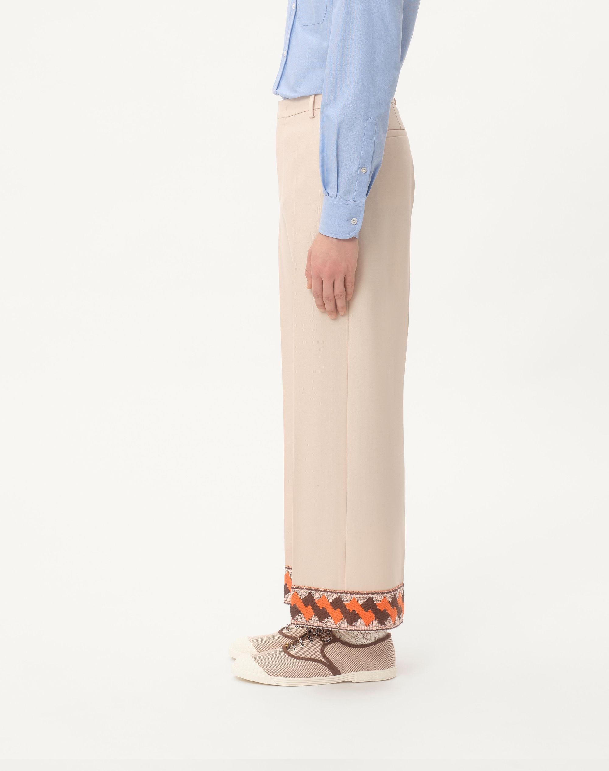 Valentino Wool Trousers With Embroidered Hem And Wide Leg In Nude