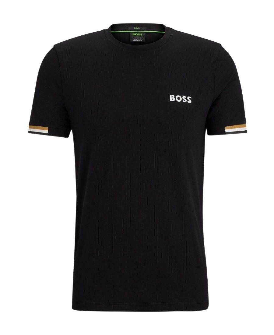 Hugo Boss Tee Matteo Berrettini Mens Waffle-fabric T-shirt With Signature-stripe Artwork In Black