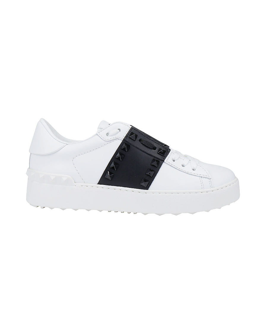 Valentino Rockstud Open Leather Sneakers In White