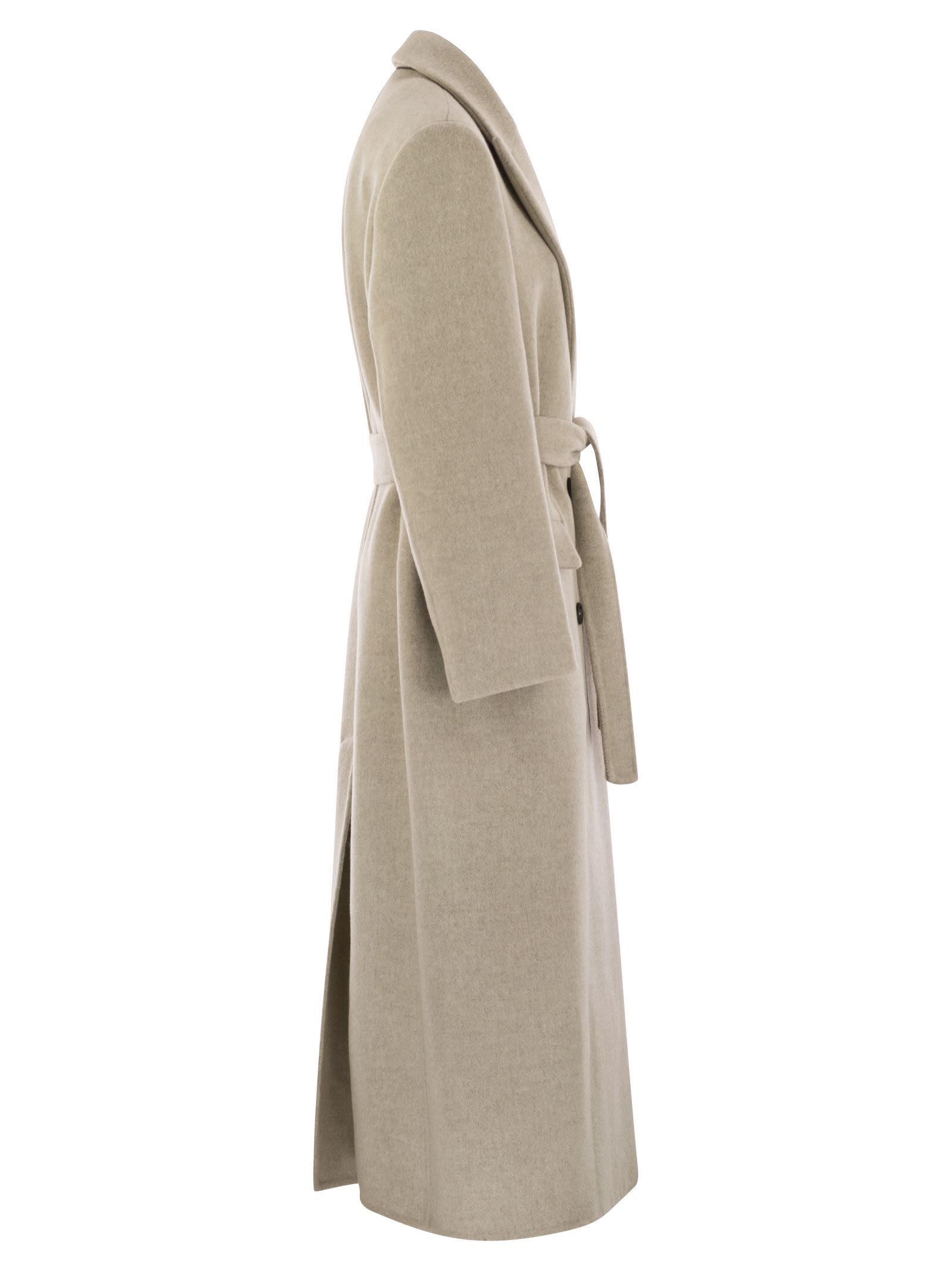 Brunello Cucinelli Women Double-breasted Coat In Virgin Wool And Cashmere Cloth With Jewellery In Gray
