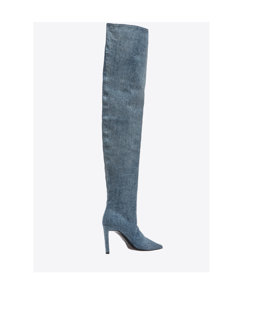 Pinko 90mm Thigh-high Denim Boots In Blue