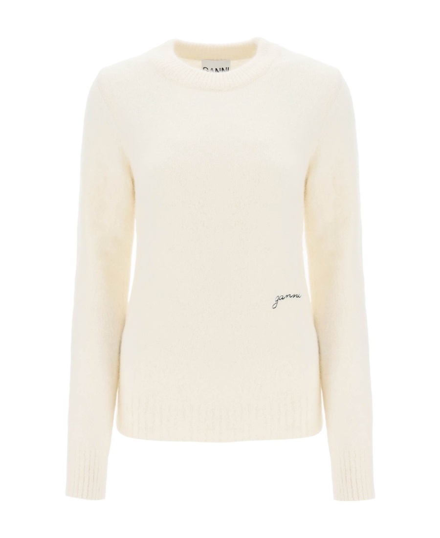 Ganni Womens Egret Logo-embroidered Round-neck Alpaca-blend Jumper In White