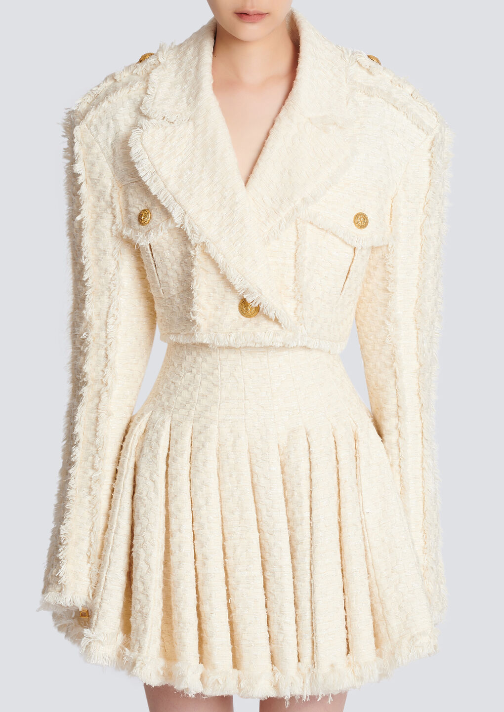Balmain Cotton-blend Tweed Cropped Jacket In White