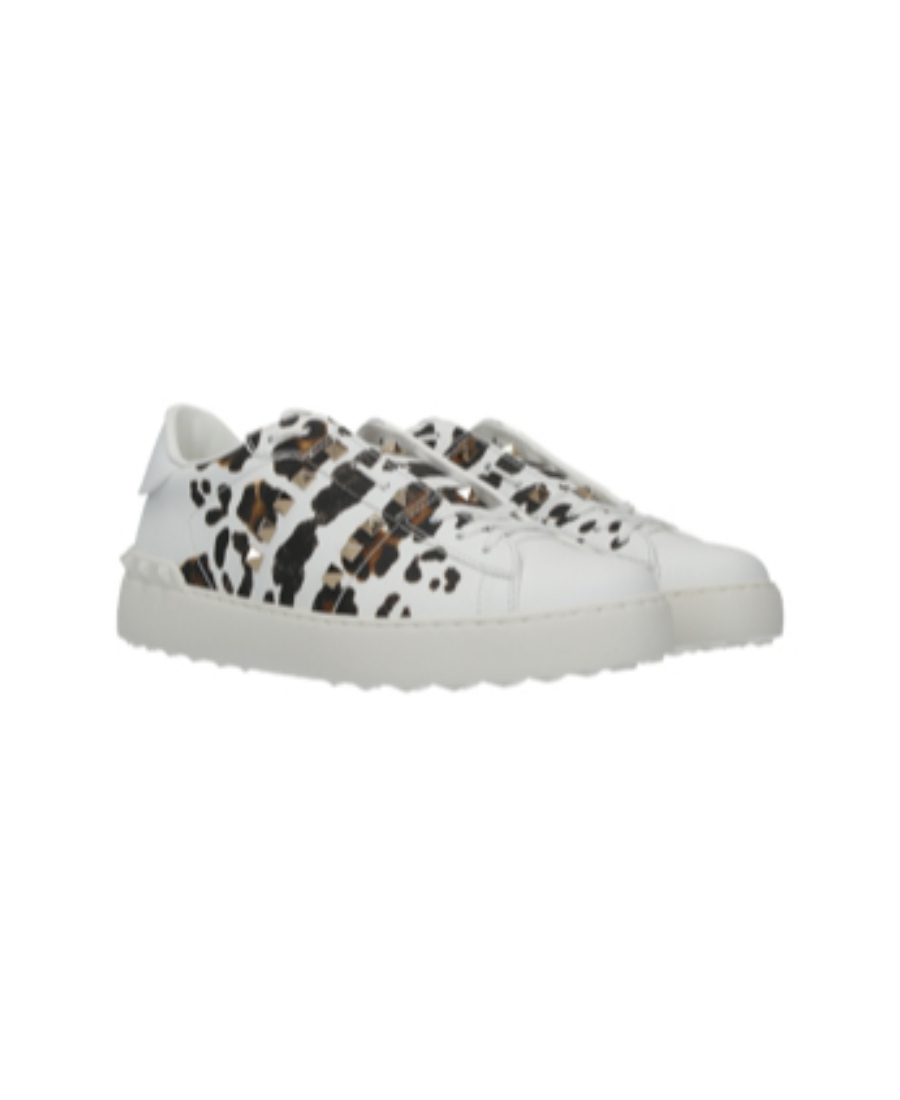 Valentino Riveted Leopard Print Leisure Sports Shoes In White