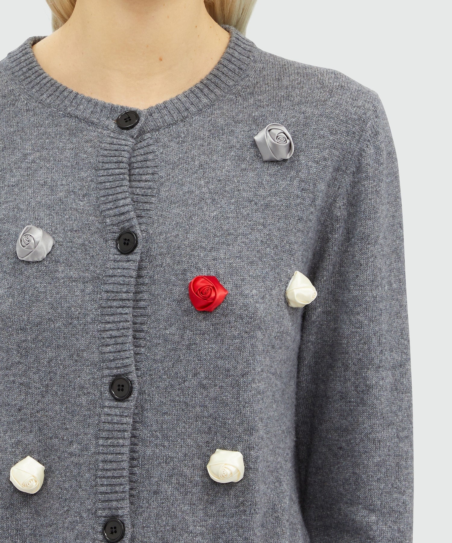 Shop Msgm Rose-appliqu� Knitted Cardigan In Gray