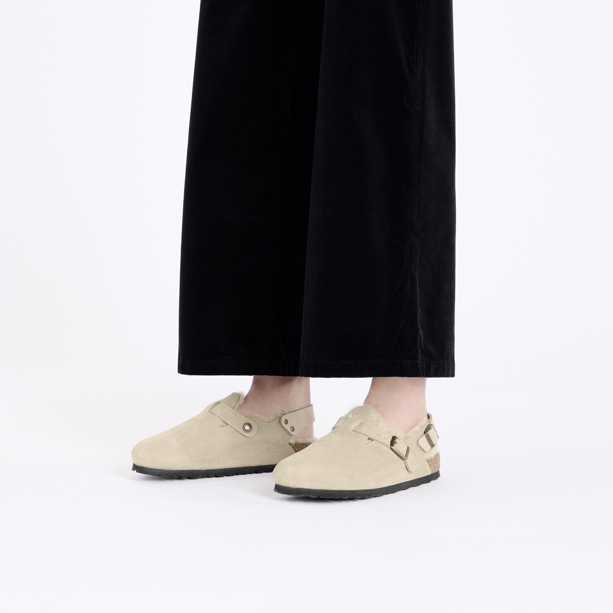 Birkenstock Tokio Shearling Buckled Suede Clogs In Nude