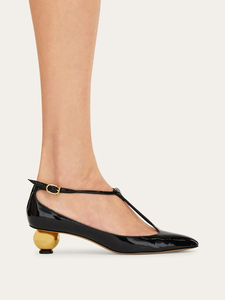 Ferragamo Round Toe T-bar Strap Gold Heel In Black