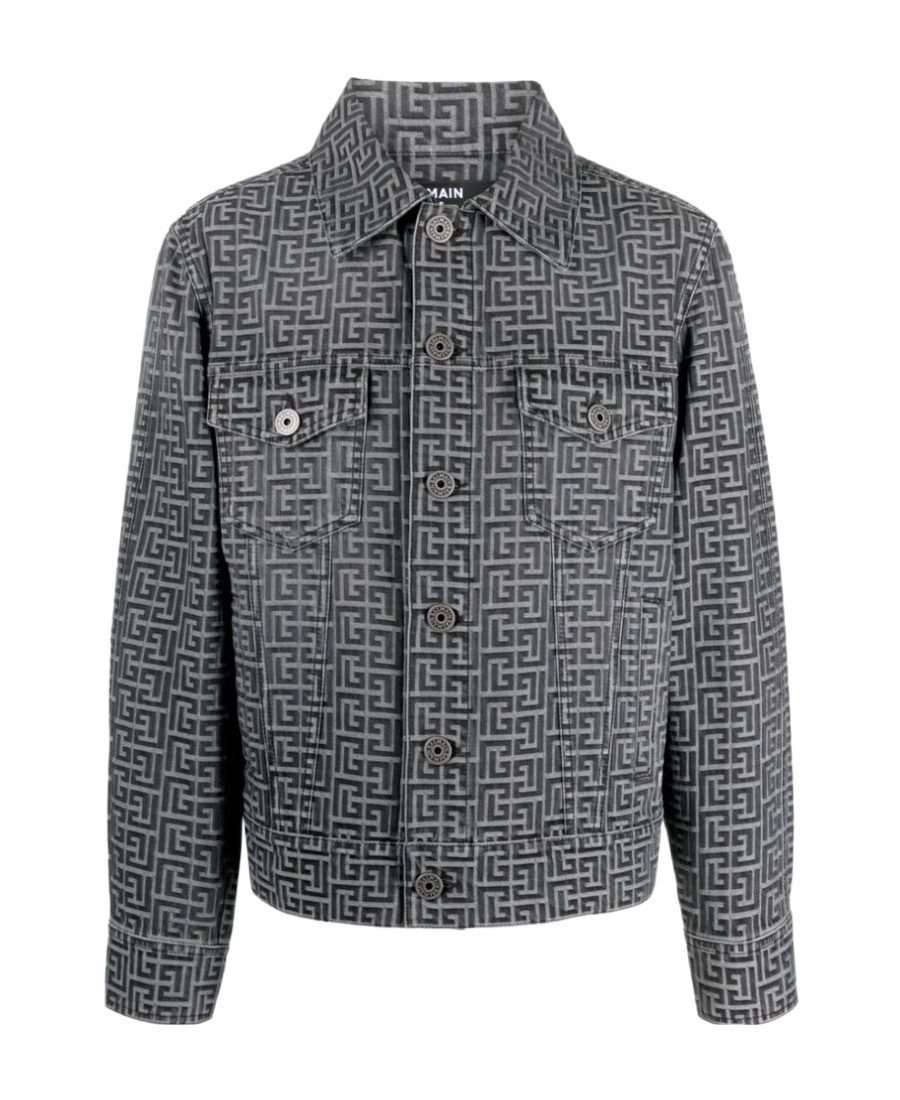 Balmain Monogram-print Single-breasted Jacket In Gray