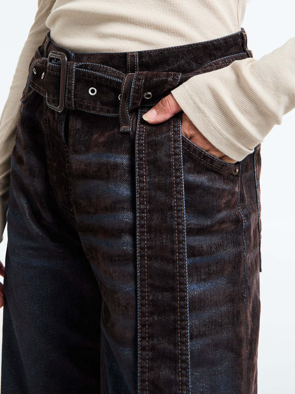 Acne Studios Page Flocked Belted Jeans In Black
