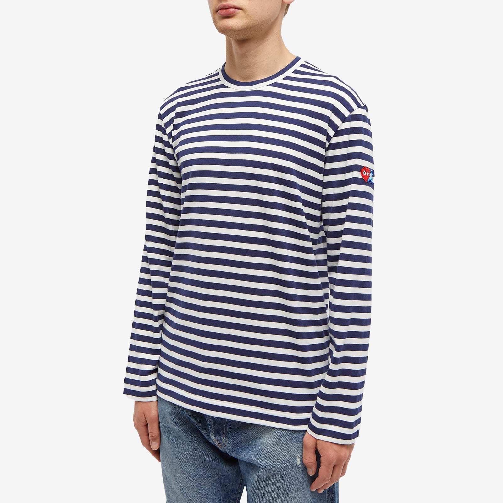 Comme Des Garçons Play X The Artist Invader Pixelated-appliqué Striped T-shirt In Blue