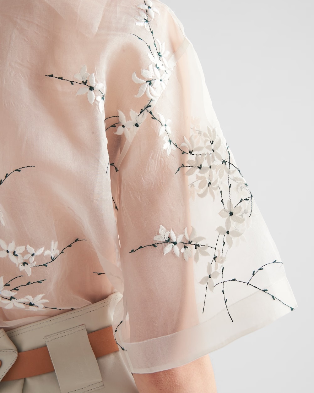 Prada Floral-embroidered Short-sleeved Sheer Shirt In Animal Print