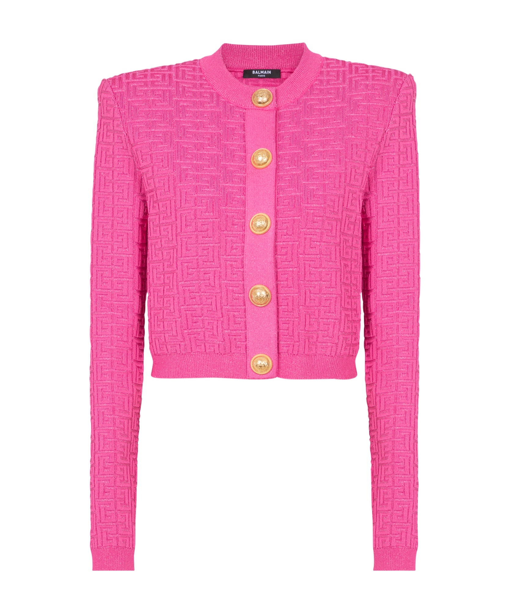 Balmain Cropped Monogrammed Knit Cardigan In Pink