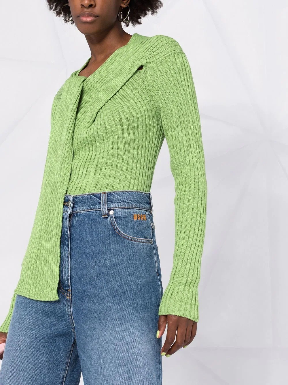 Msgm Ribbed-knit Knot-detail Top In Green