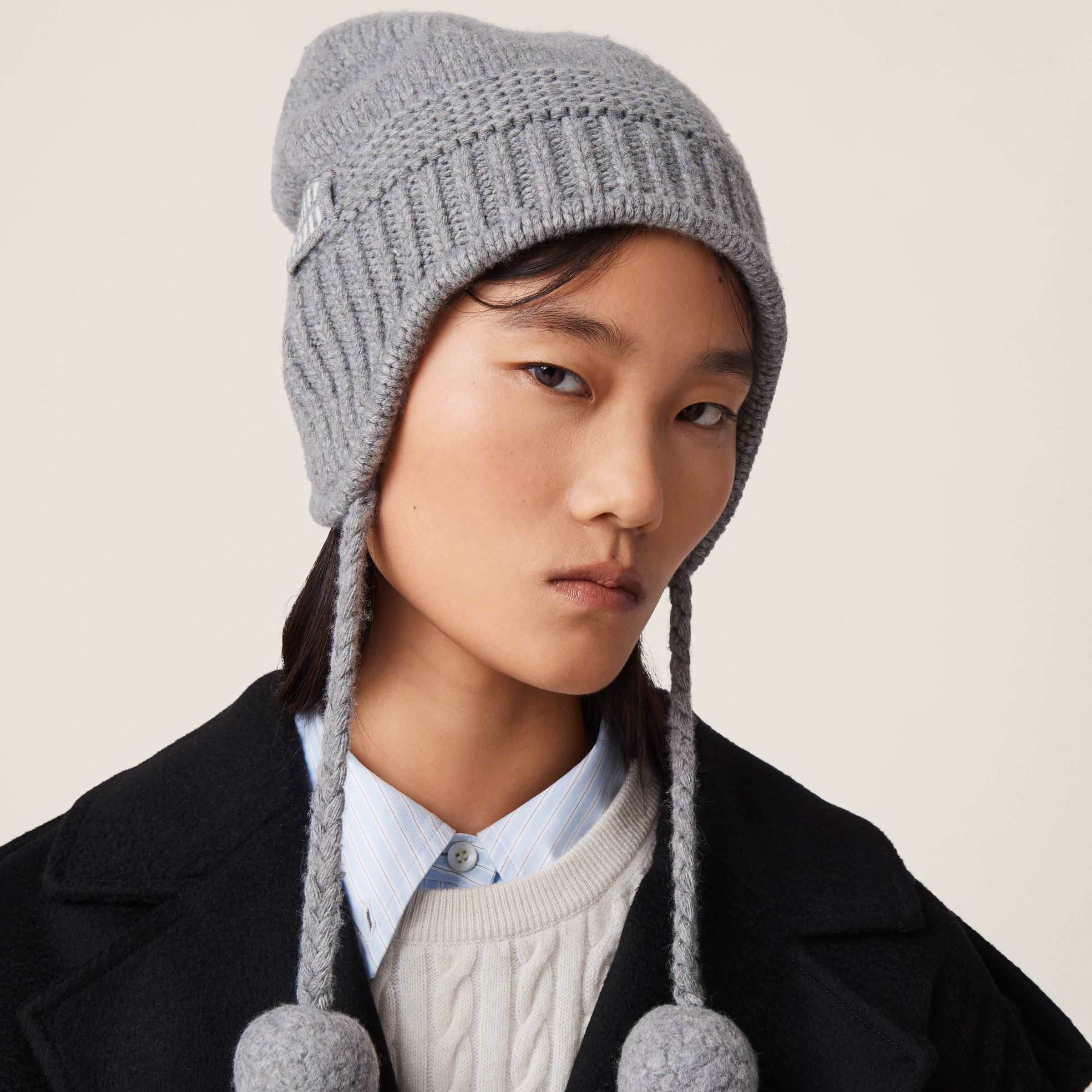 Miu Miu Cozy Knit Beanie Hat With Ear Flaps In Gray