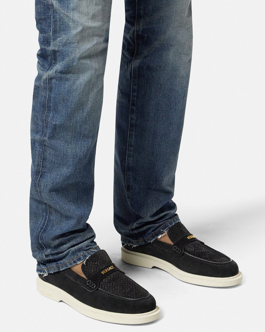 Versace Suede Greco Monogram Loafers In Black