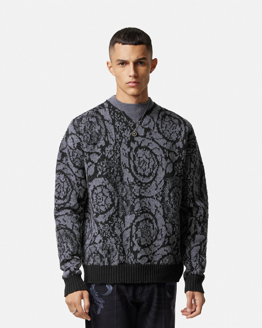 Versace Barocco Jacquard Wool Sweater In Black