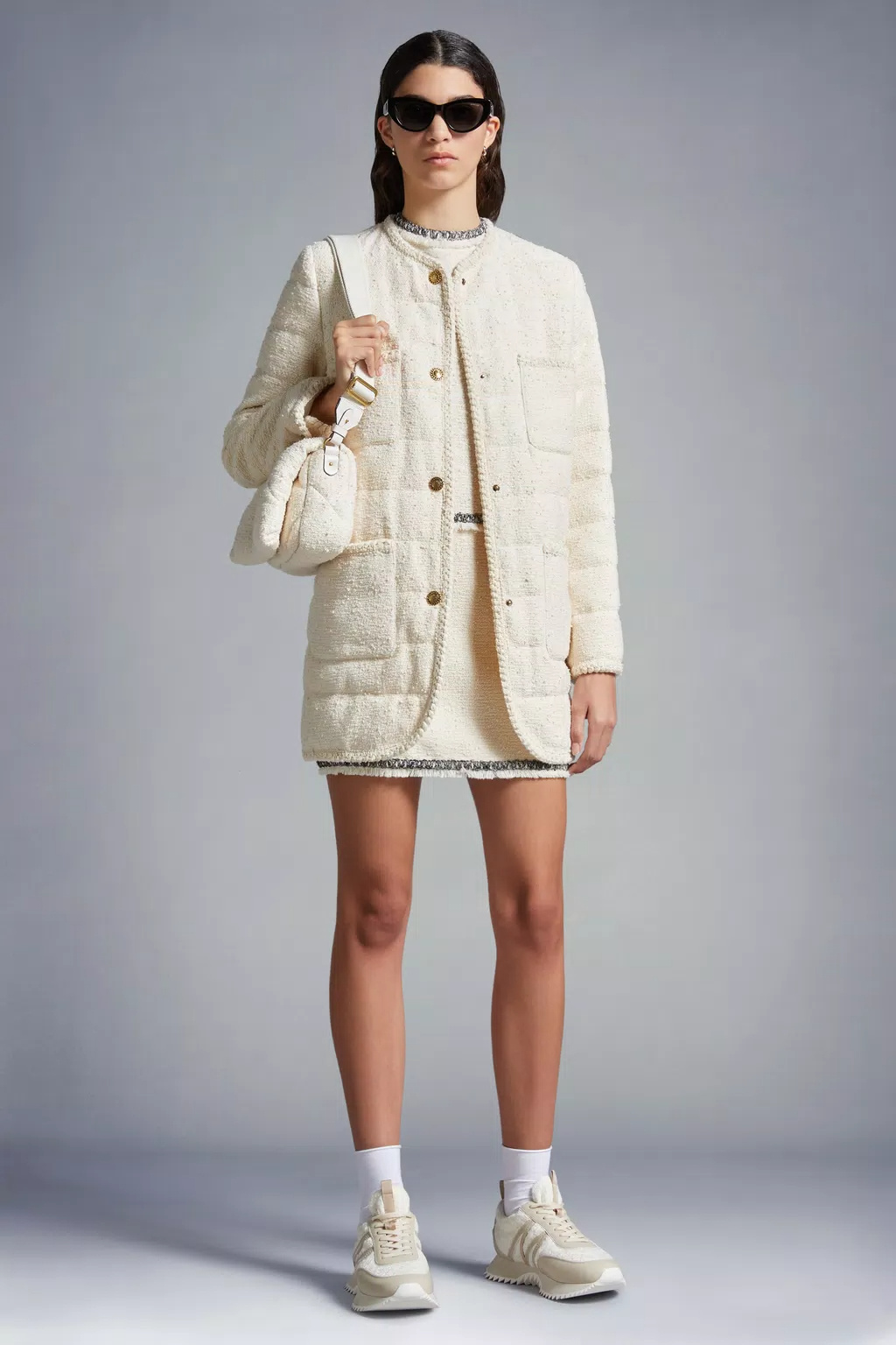 Moncler Contrasting-trim Tweed Miniskirt In Nude