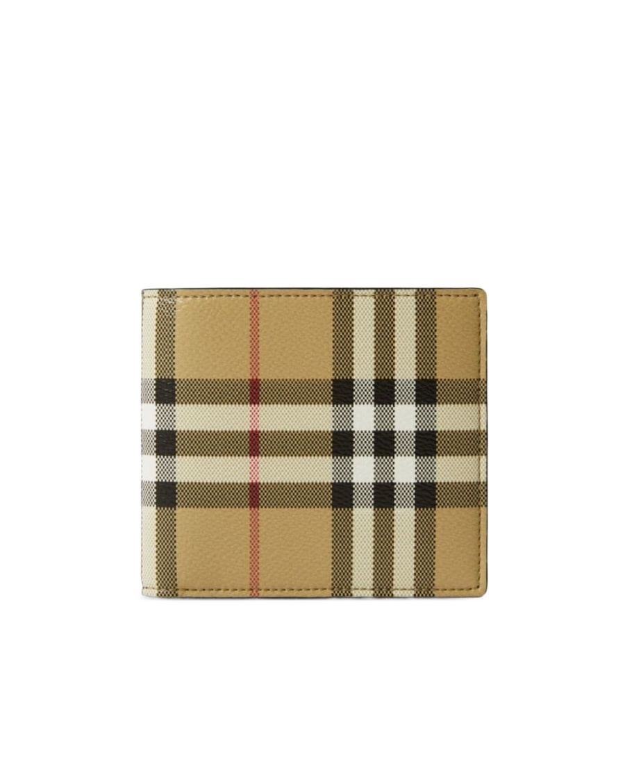 Burberry Beige Bifold Wallet With Check Motif In Techno Fabric In Green