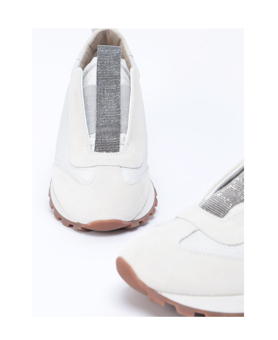 Brunello Cucinelli Women Slip On Sneakers In Leather And Fabric In Neutral