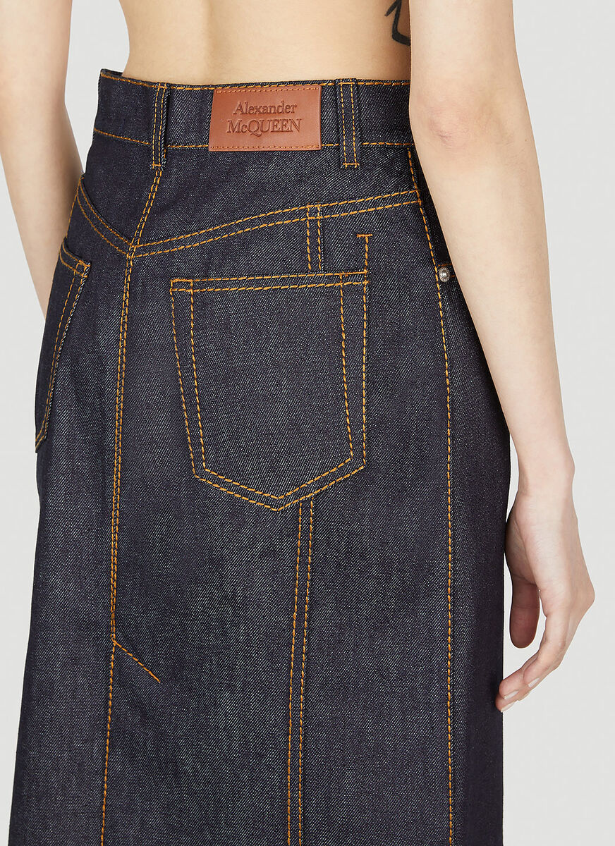 Shop Alexander Mcqueen Contrast-stitching Denim Midi Skirt In Black
