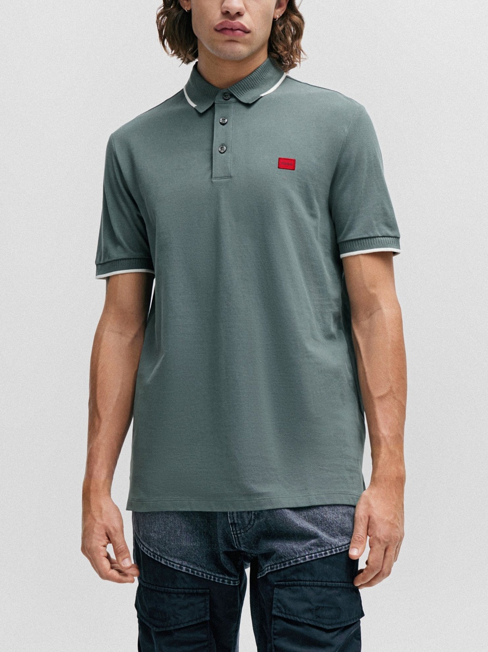 Hugo Boss Cotton-piqu Slim-fit Polo Shirt With Red Logo Label In Green