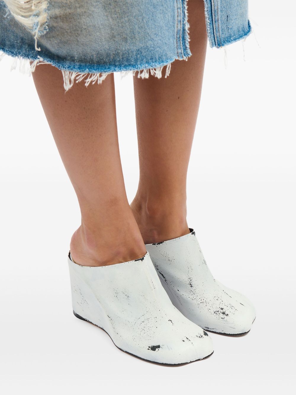 Mm6 Maison Margiela Distressed Leather Wedge Heel Slippers In Black And White