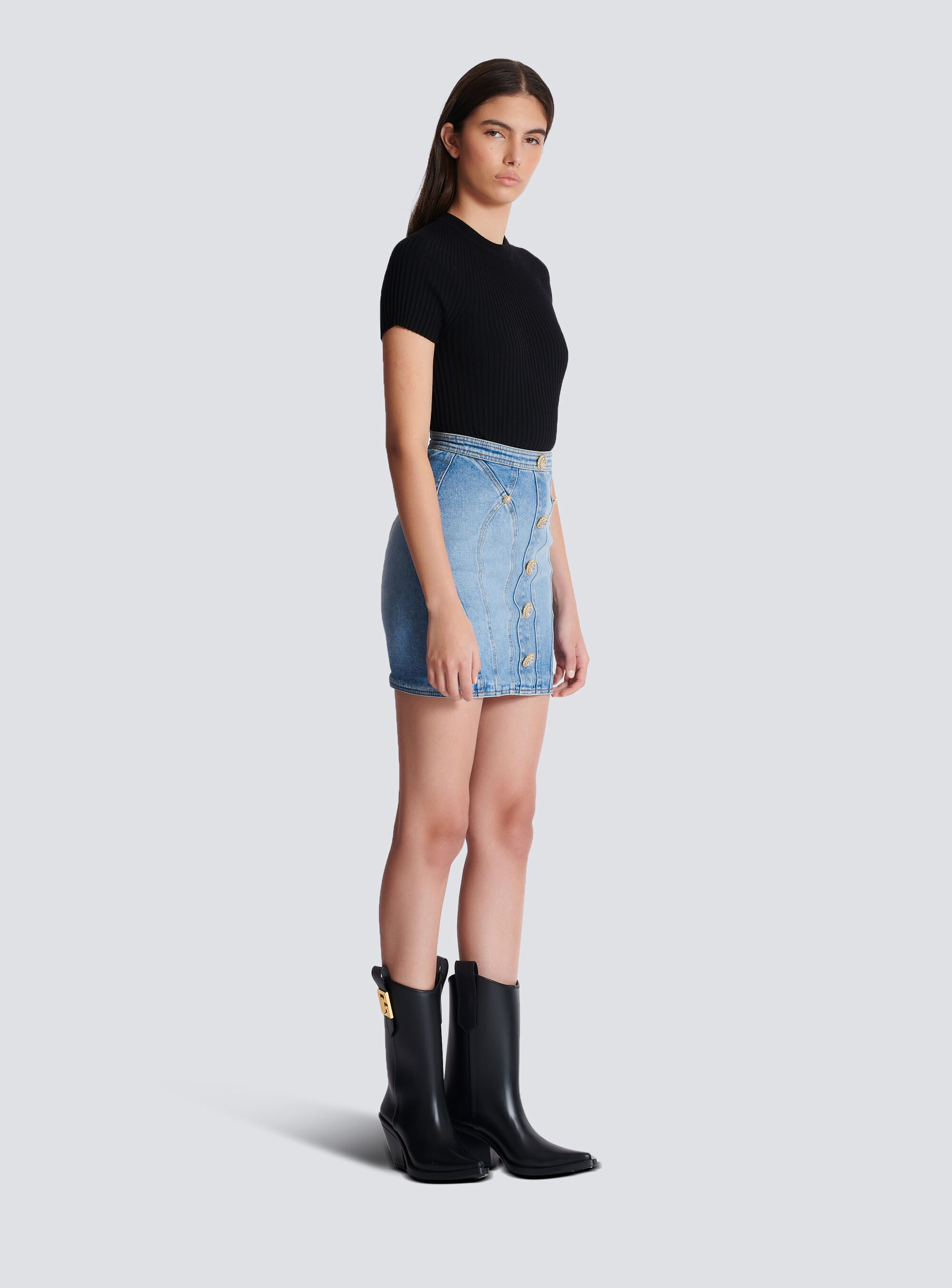 Balmain Buttoned Mini Denim Skirt In Blue