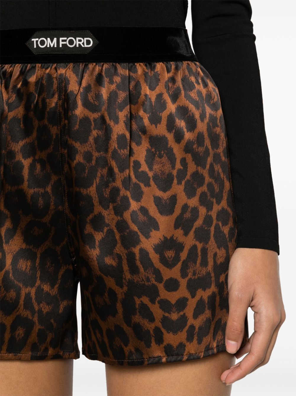 Tom Ford Velvet-trimmed Leopard-print Silk-blend Satin Shorts In Black